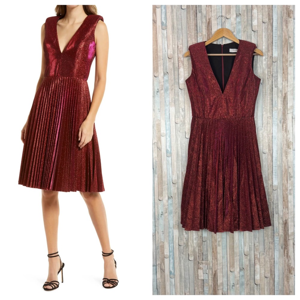 Helsi Corina Iridescent Metallic Pleated V-Neck Cocktail‎ Dress Red Hot Pink L